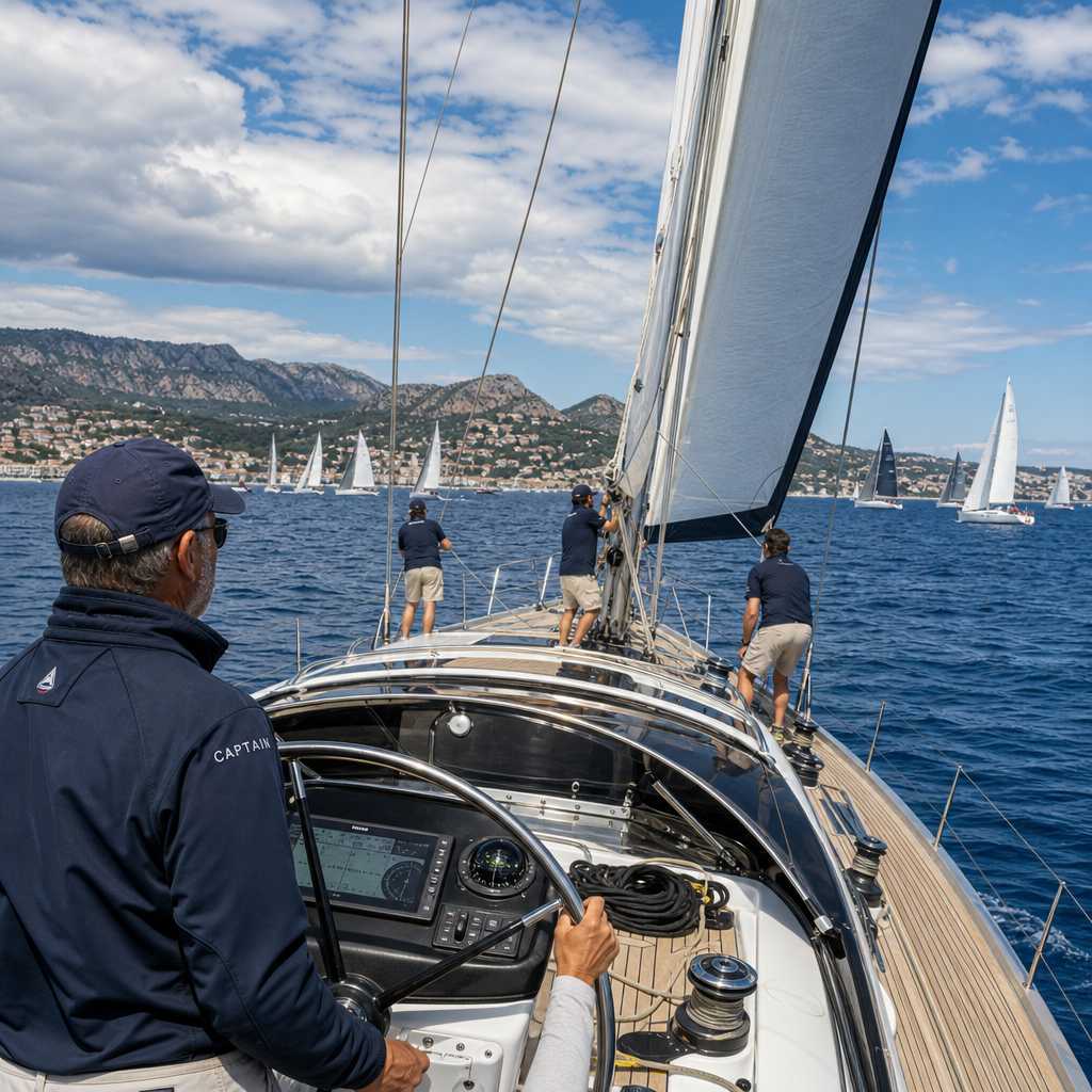 Professional yacht crew managing sails with multiple boats visible on the Mediterranean Sea