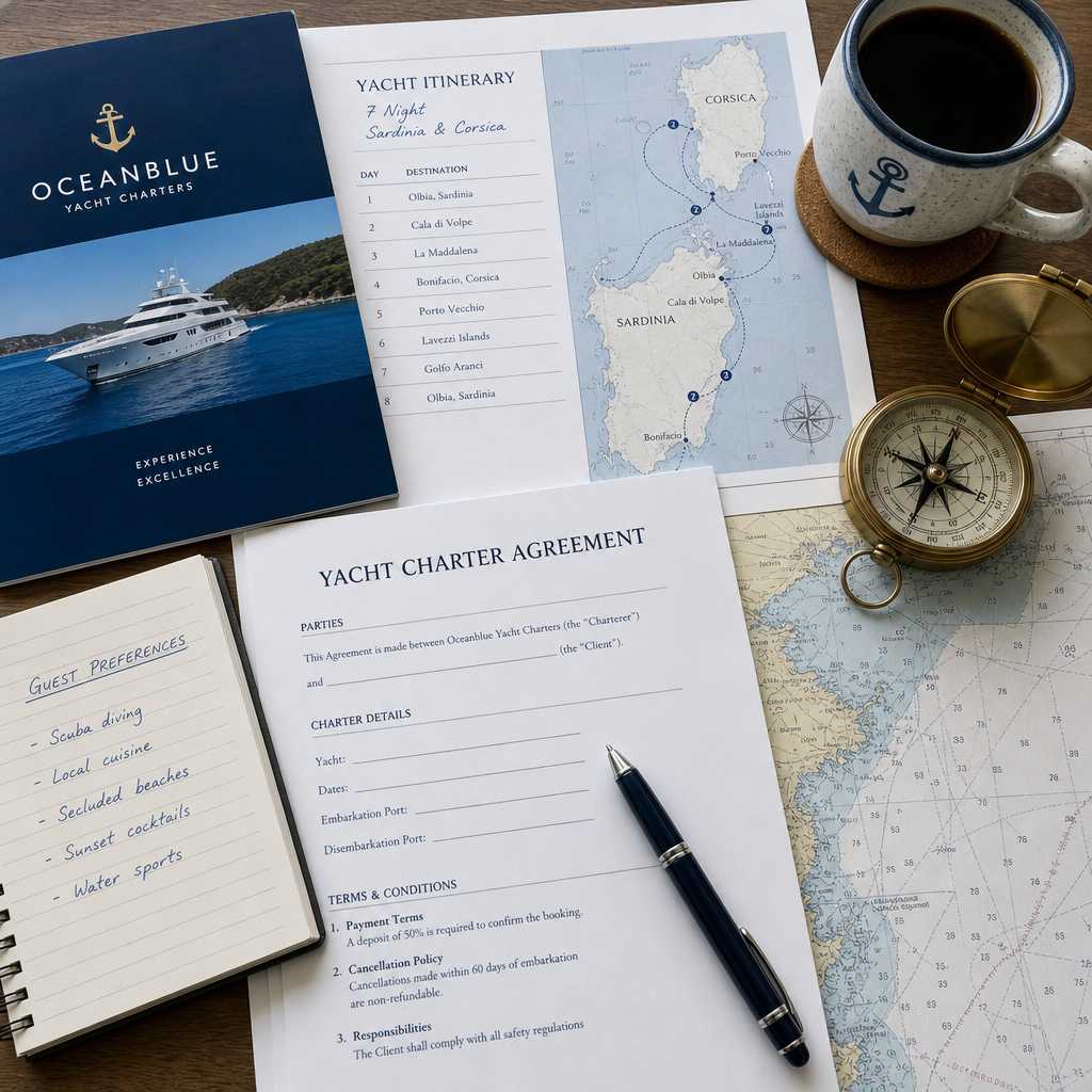 Charter contracts and nautical planning documents arranged on a desk with planning materials
