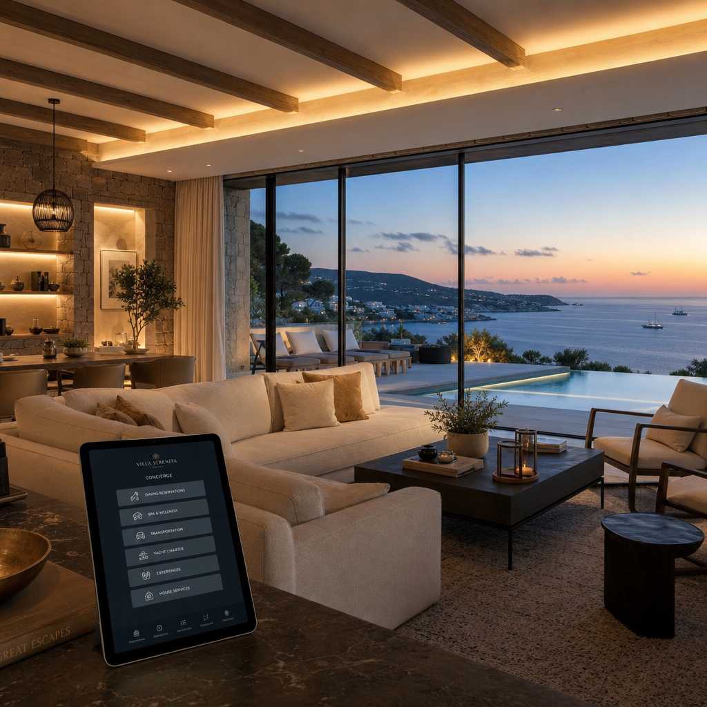 Interior view of luxury villa living room with ocean views and modern amenities