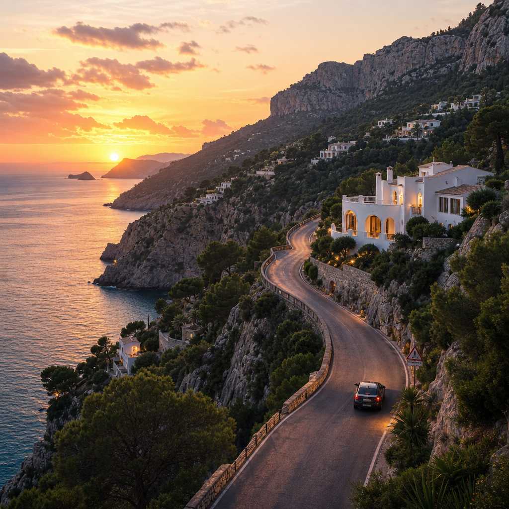 Scenic hillside road on Mallorca's southwest coast with luxury villas positioned on elevated terrain at dusk