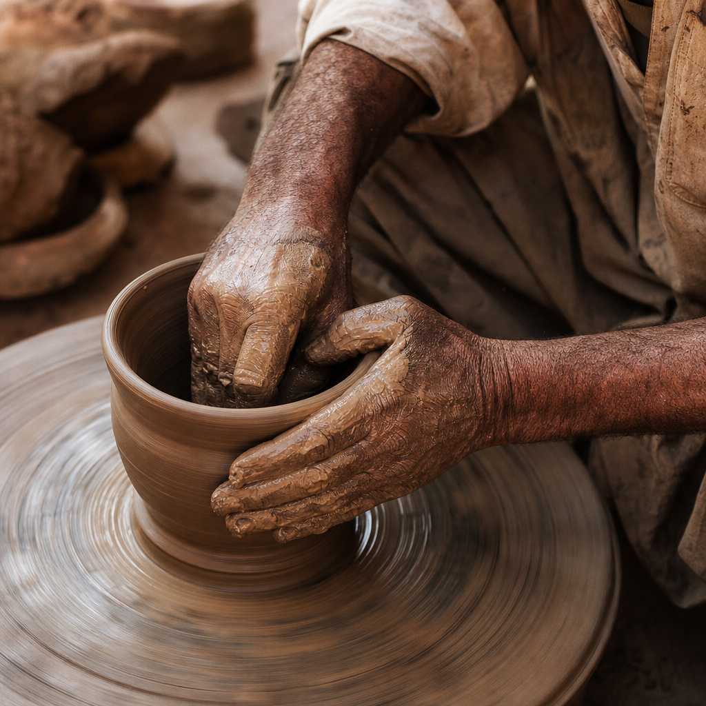 Artisan hands at work on a pottery wheel with clay in motion