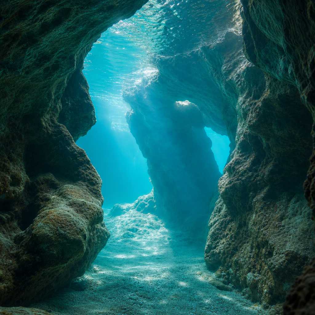 Sunlit interior of a Mediterranean sea cave with turquoise water and dramatic limestone formations