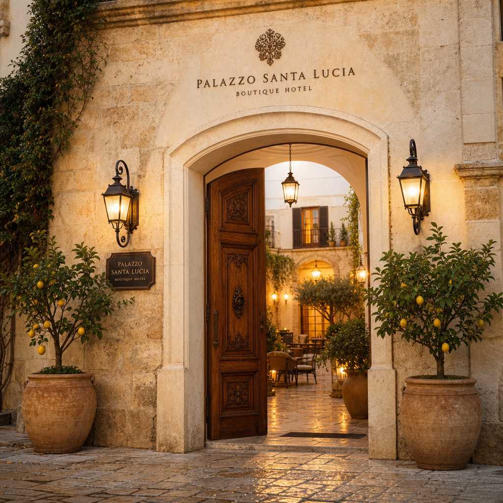Boutique luxury hotel entrance with Mediterranean architectural character and intimate courtyard