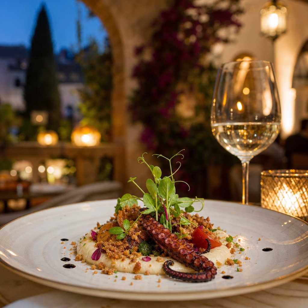 Michelin-star restaurant plating with fine dining presentation and intimate ambiance