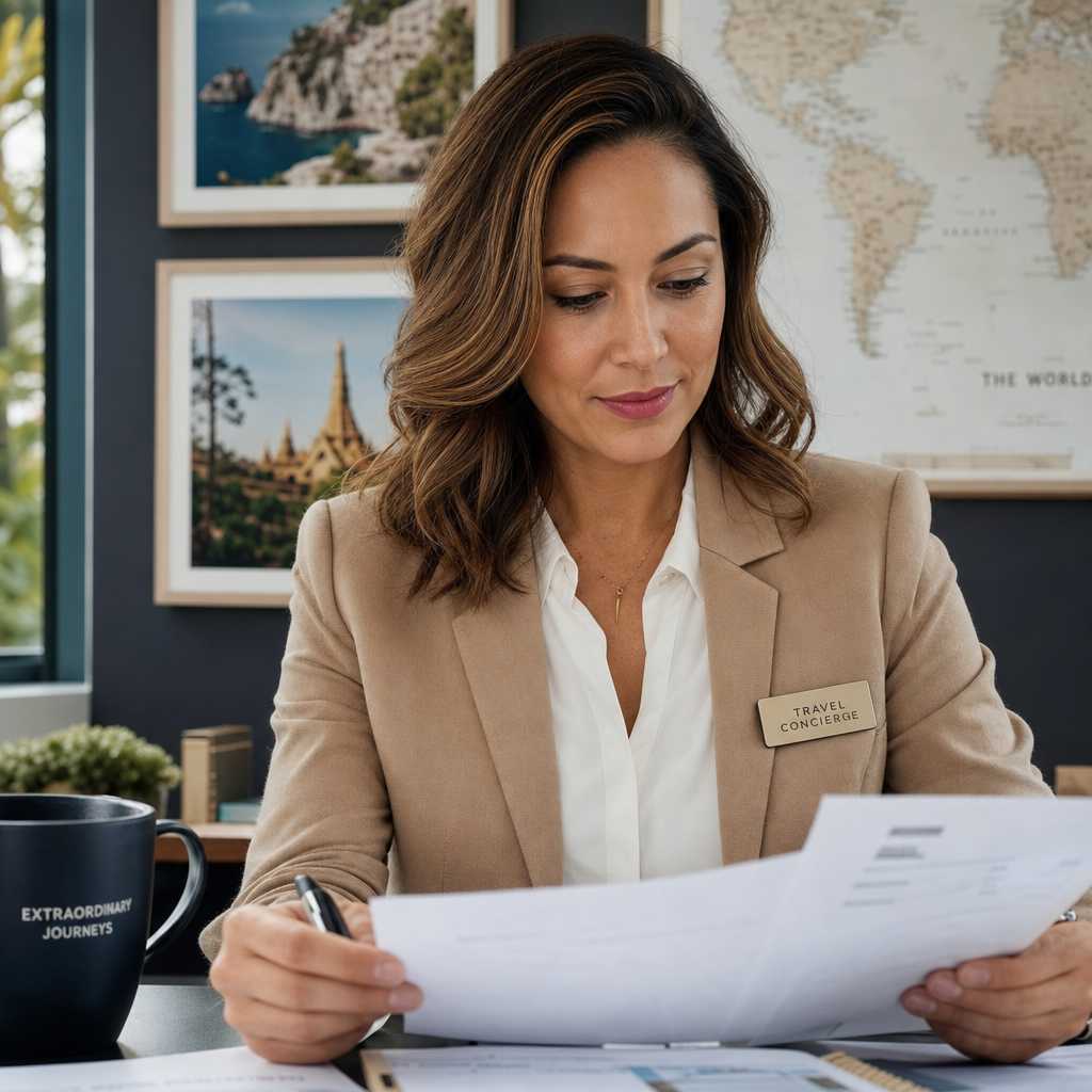 Travel concierge professional reviewing planning documents in modern office environment