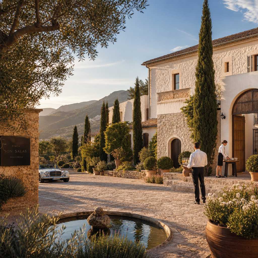 Elegant Mallorcan villa courtyard at sunset with Mediterranean landscaping and welcoming setup