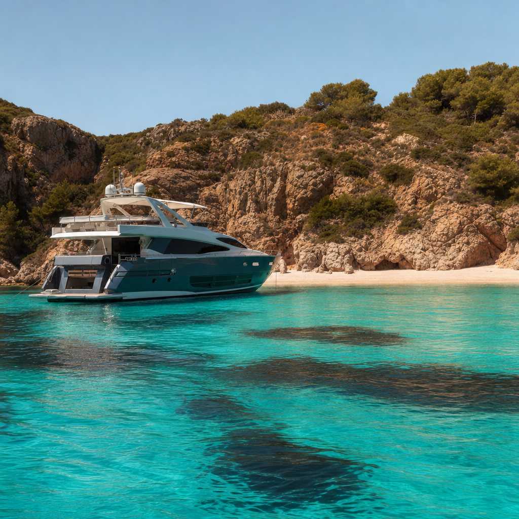 Luxury yacht anchored off a hidden Mallorca beach with crystal-clear turquoise water