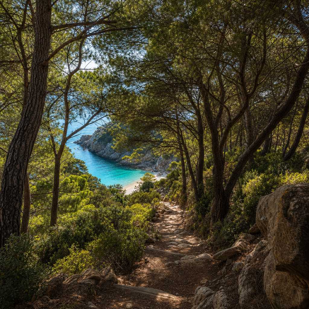 Hidden beach trail through pine forest in Mallorca's Serra de Tramuntana mountains