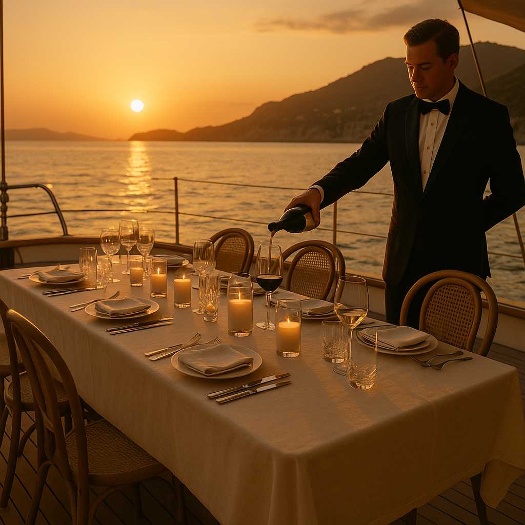 Fine dining table on a yacht deck overlooking the Mediterranean at sunset