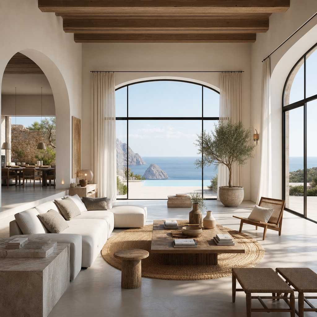 Light-filled luxury villa interior with sea views and modern Mediterranean design