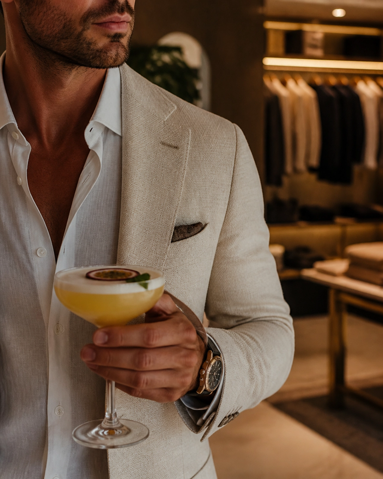 Close-up of a sophisticated guest holding a cocktail, with a blurred high-end clothing shop in the background.