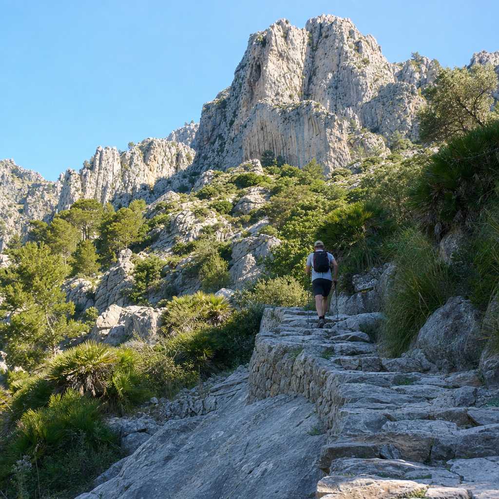 Single hiker on a rocky mountain trail with dramatic limestone cliffs in the Tramuntana range