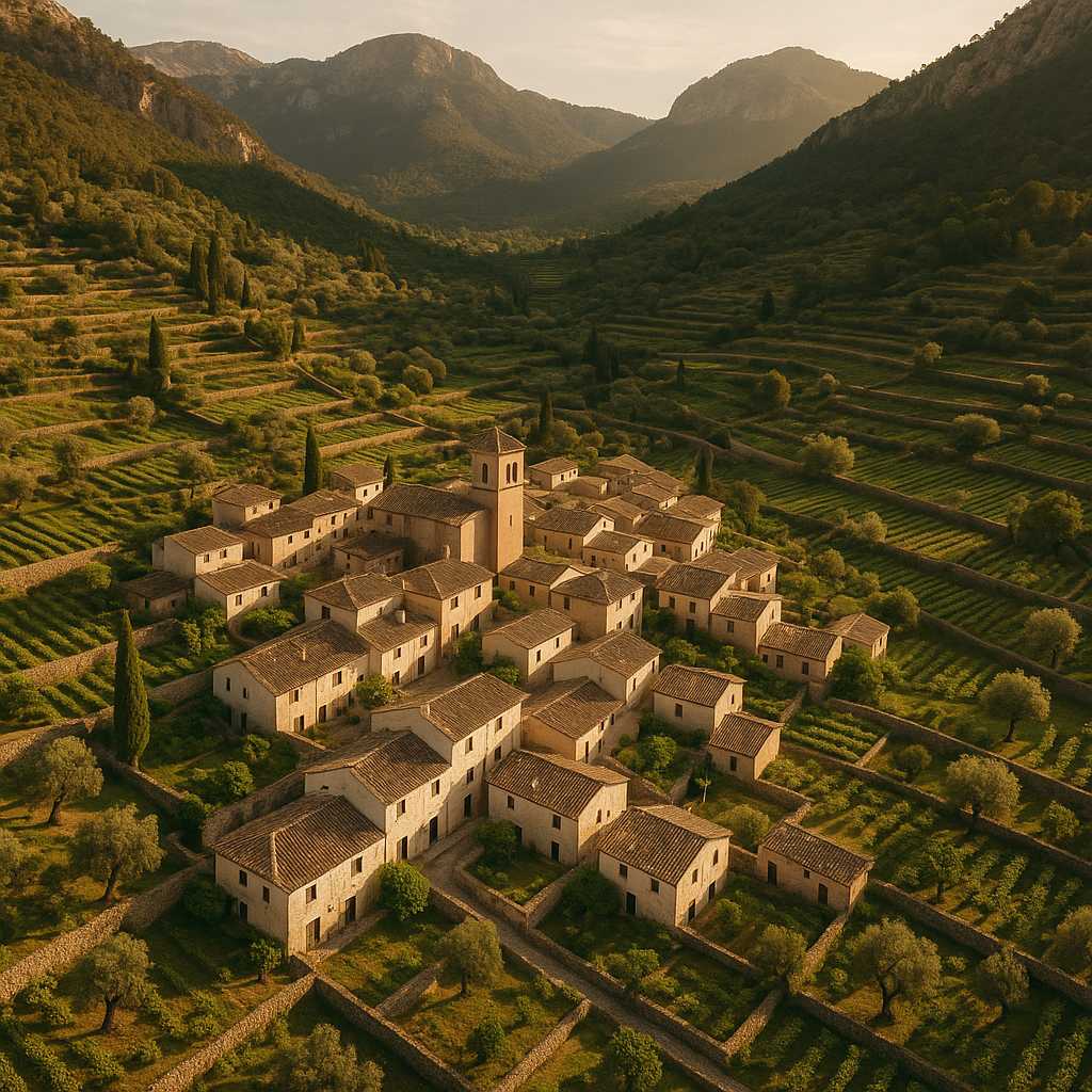 Traditional whitewashed village in a Tramuntana valley surrounded by terraced farmland and Mediterranean vegetation