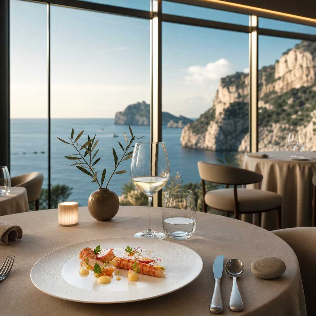 Fine dining restaurant with Mediterranean Sea views and minimalist plated dishes