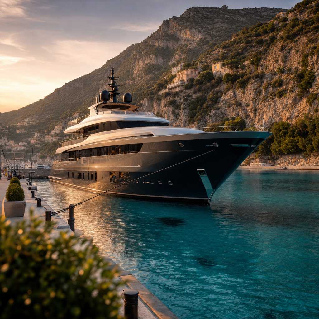 Luxury superyacht anchored in Mediterranean harbor with clear turquoise waters and limestone cliffs