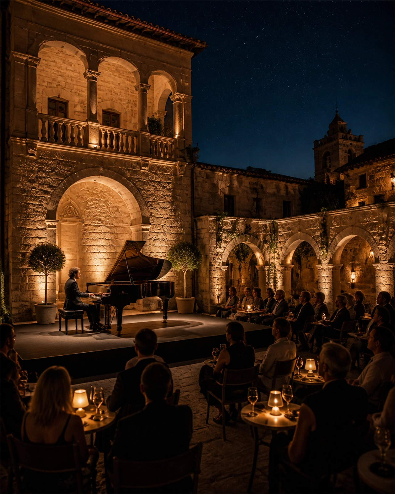 A grand piano under spotlights in a historic stone courtyard, capturing the intimate vibe of the Nits a Bellver series.