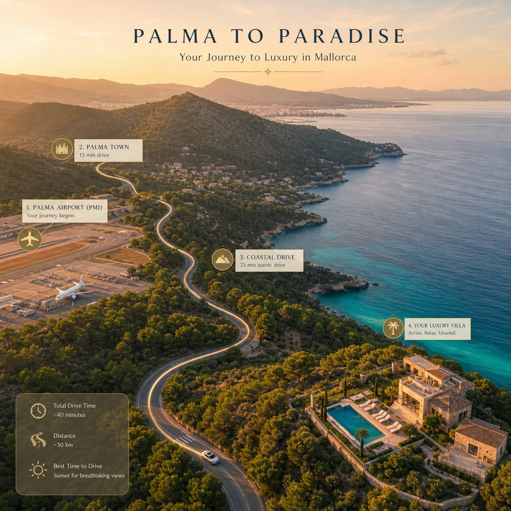 Coastal drive through Mallorca's landscape toward villa destination