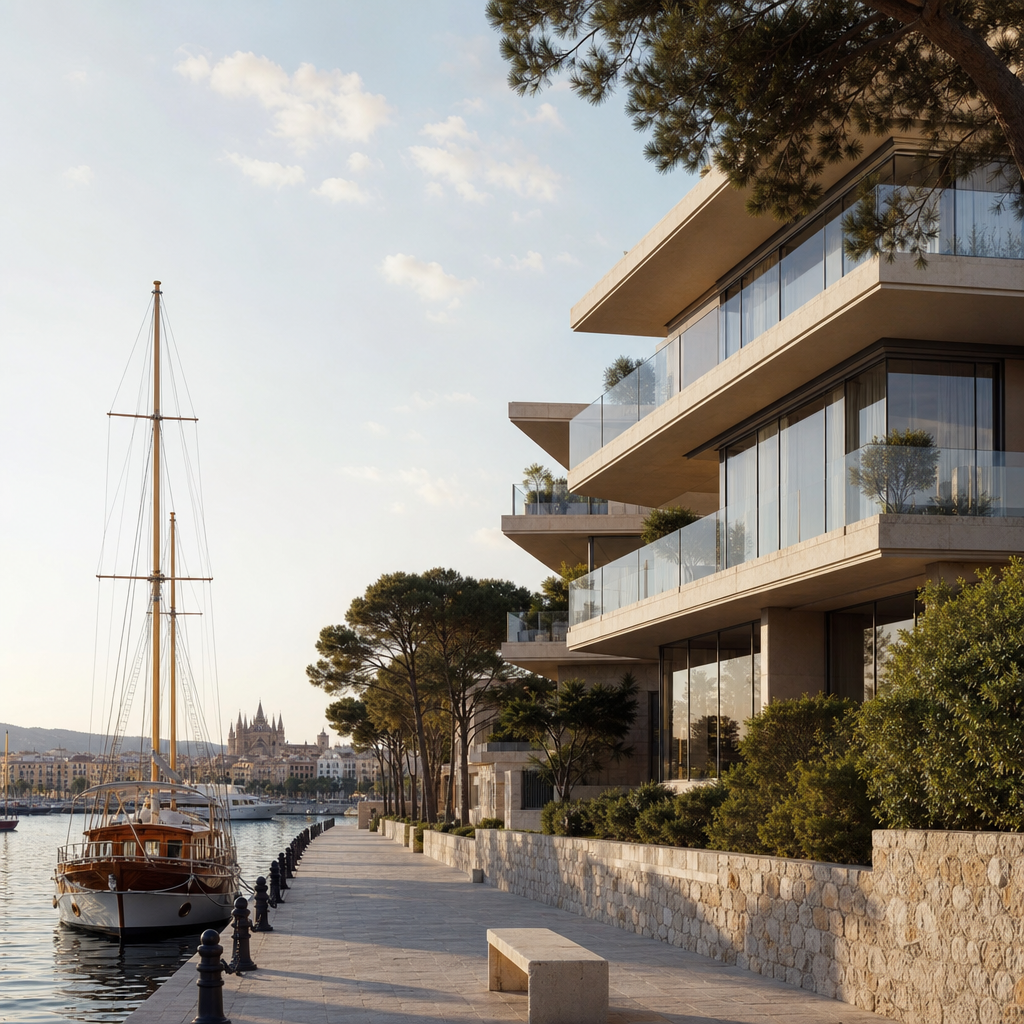 Portixol waterfront promenade with contemporary luxury residential architecture