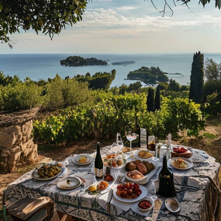 A luxury picnic set up on a historic stone terrace within a lush Malvasia vineyard. The Mediterranean sea is visible in the distance. The setup includes fine crystal, local Mallorcan wine, and gourmet regional delicacies.