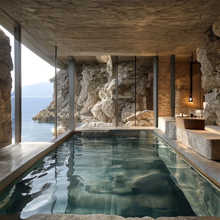 A serene, high-end spa interior within a cliffside hotel. Natural stone walls, panoramic views of the Mediterranean through large windows, and a minimalist hydrotherapy pool. Soft natural lighting creates a calm, exclusive atmosphere.