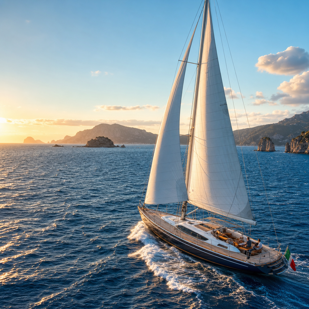 White sailing yacht with full sails on blue Mediterranean waters