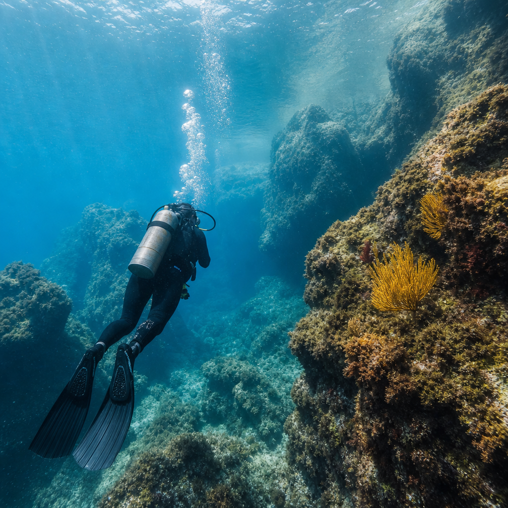 Underwater diver exploring clear Mediterranean waters near rock formations