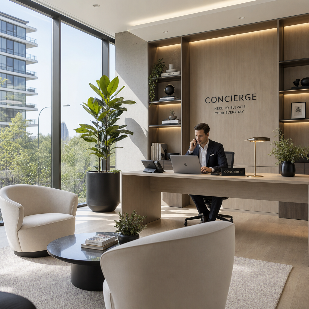 Professional concierge office workspace with modern luxury design and Mediterranean views