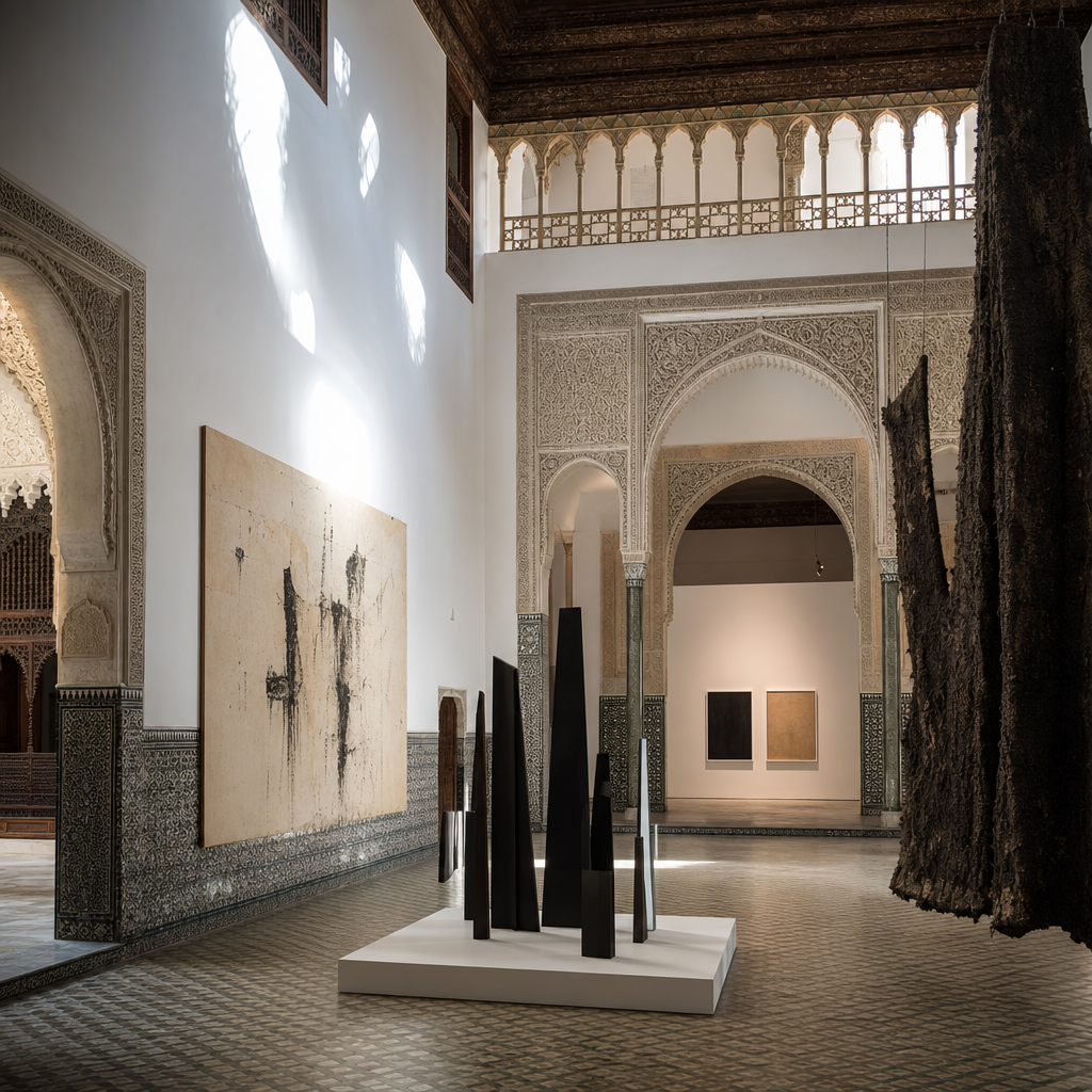Contemporary art gallery within a historic Moorish palace interior, blending traditional architecture with modern artworks