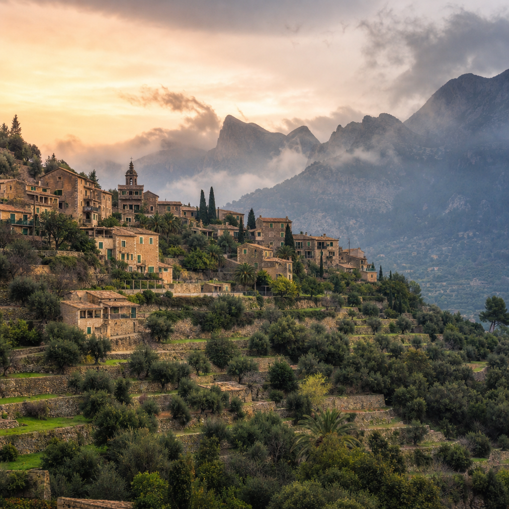 Tramuntana mountain village landscape with terraced olive groves, historic stone buildings, and misty peaks at dawn
