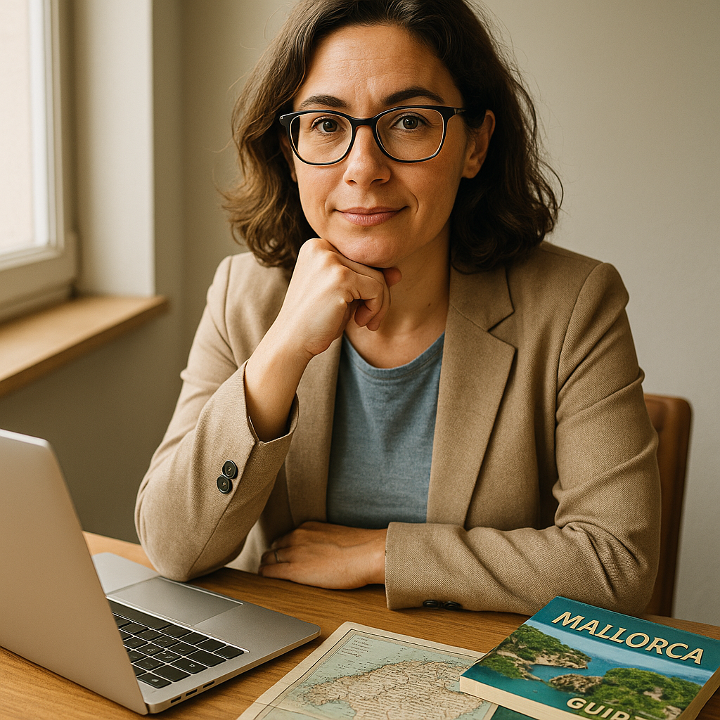 Travel consultant at desk surrounded by local Mallorca resources and maps