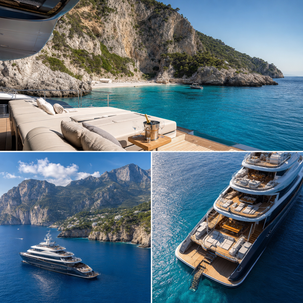 Superyacht anchored in a secluded Mallorca cove with turquoise waters and dramatic cliff backdrop