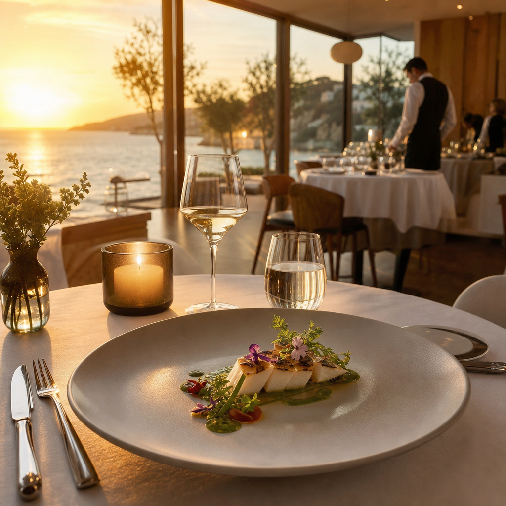 Fine dining table overlooking the Mediterranean Sea at an upscale Mallorca restaurant