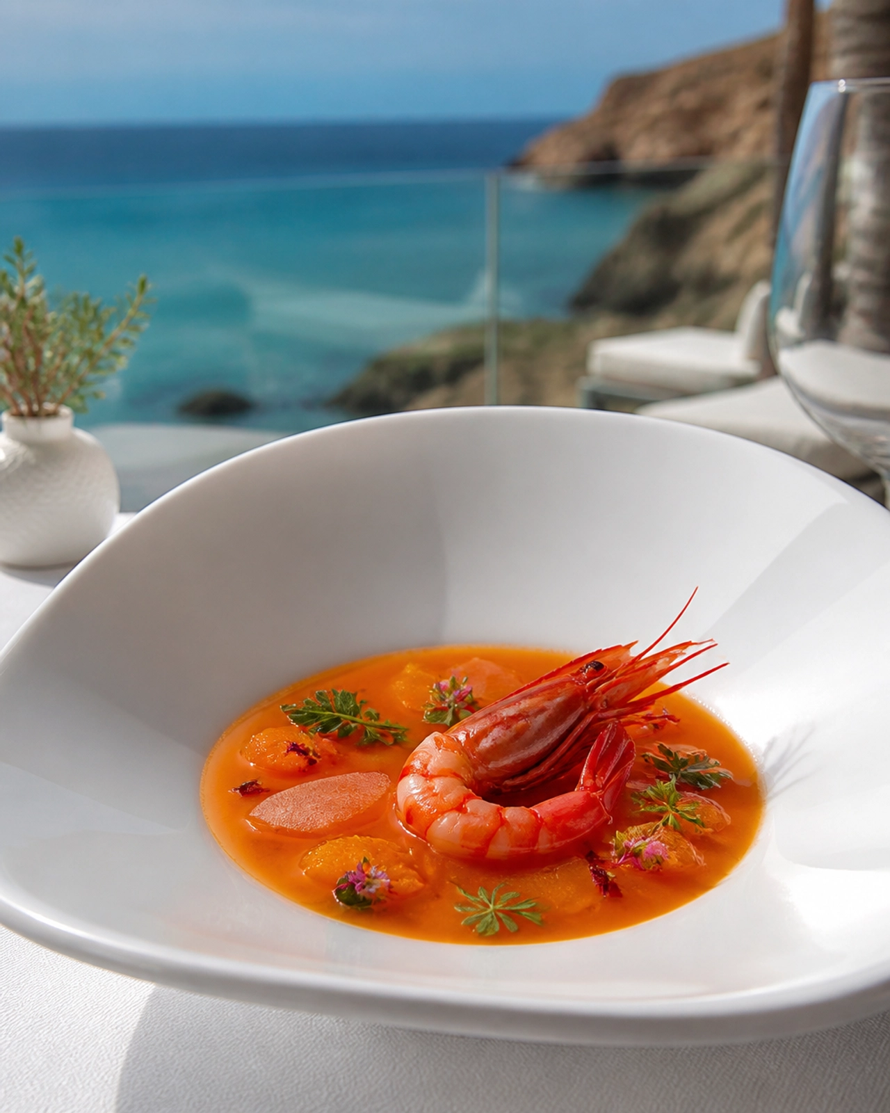 The signature cold tomato and orange soup with Cala Ratjada red shrimp and mullet roe