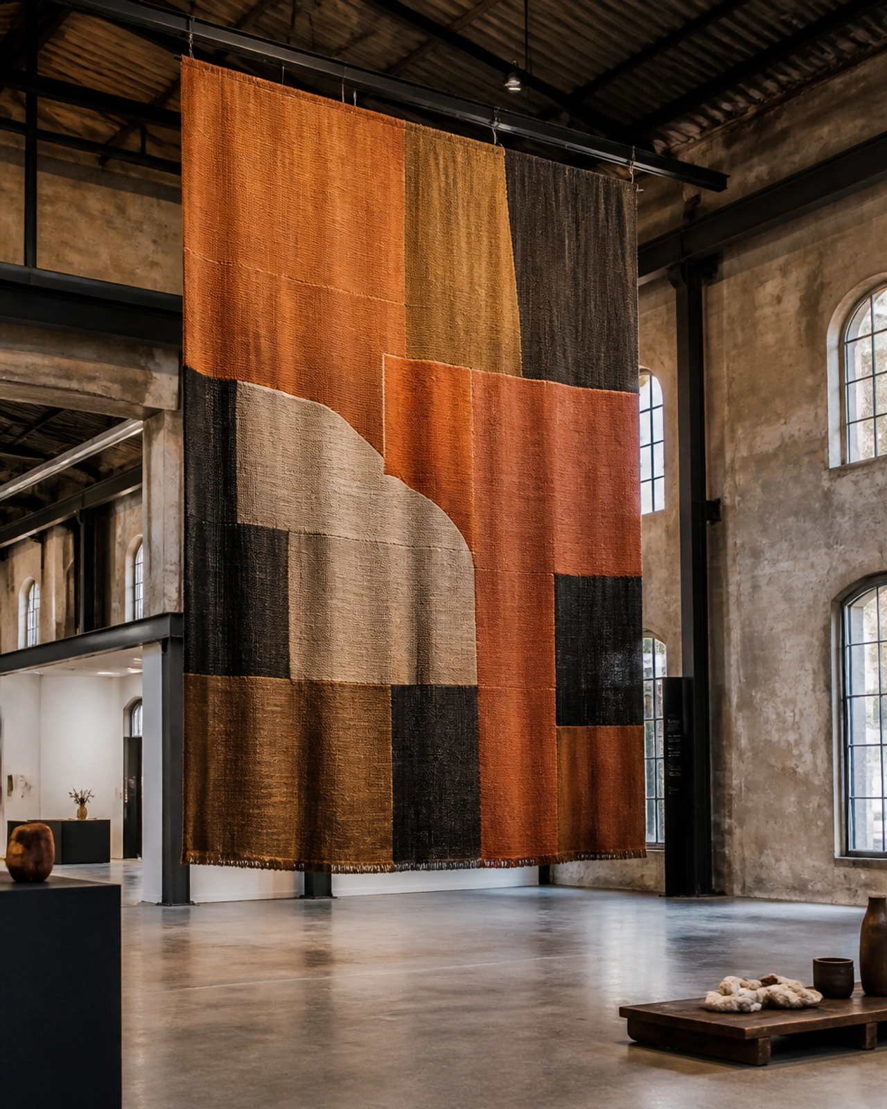 A large-scale textile installation hanging in the industrial chic space of Sa Refinadora.