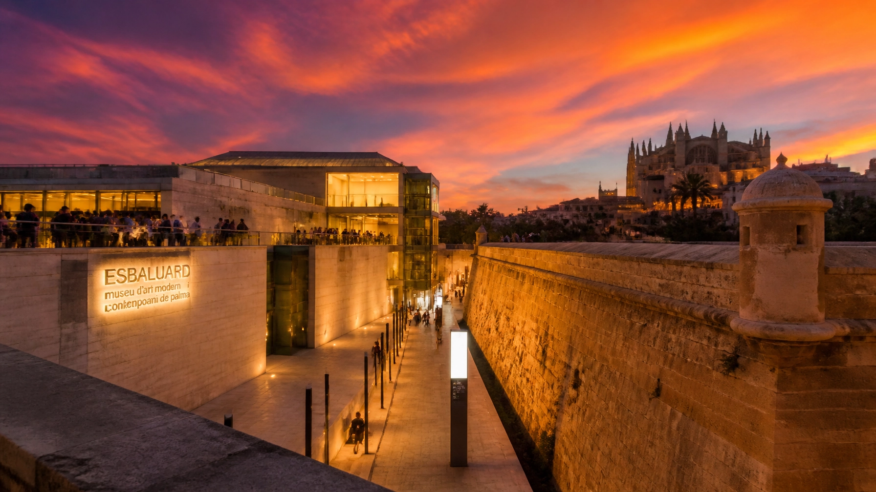 The modern architecture of Es Baluard Museu d'Art Contemporani at sunset.