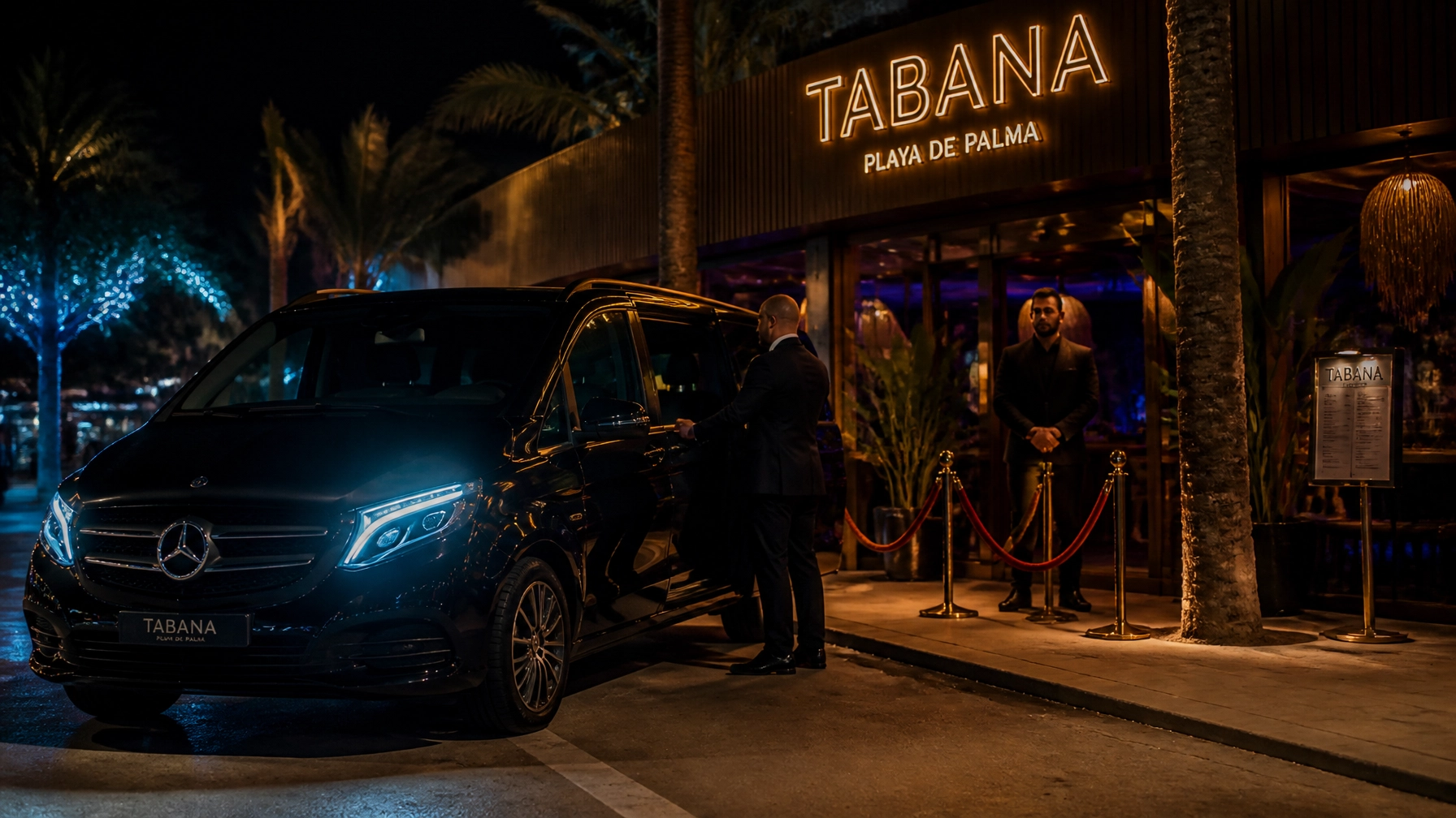 A sleek black luxury SUV parked at the entrance of Tabana at night, being opened by a professional chauffeur.