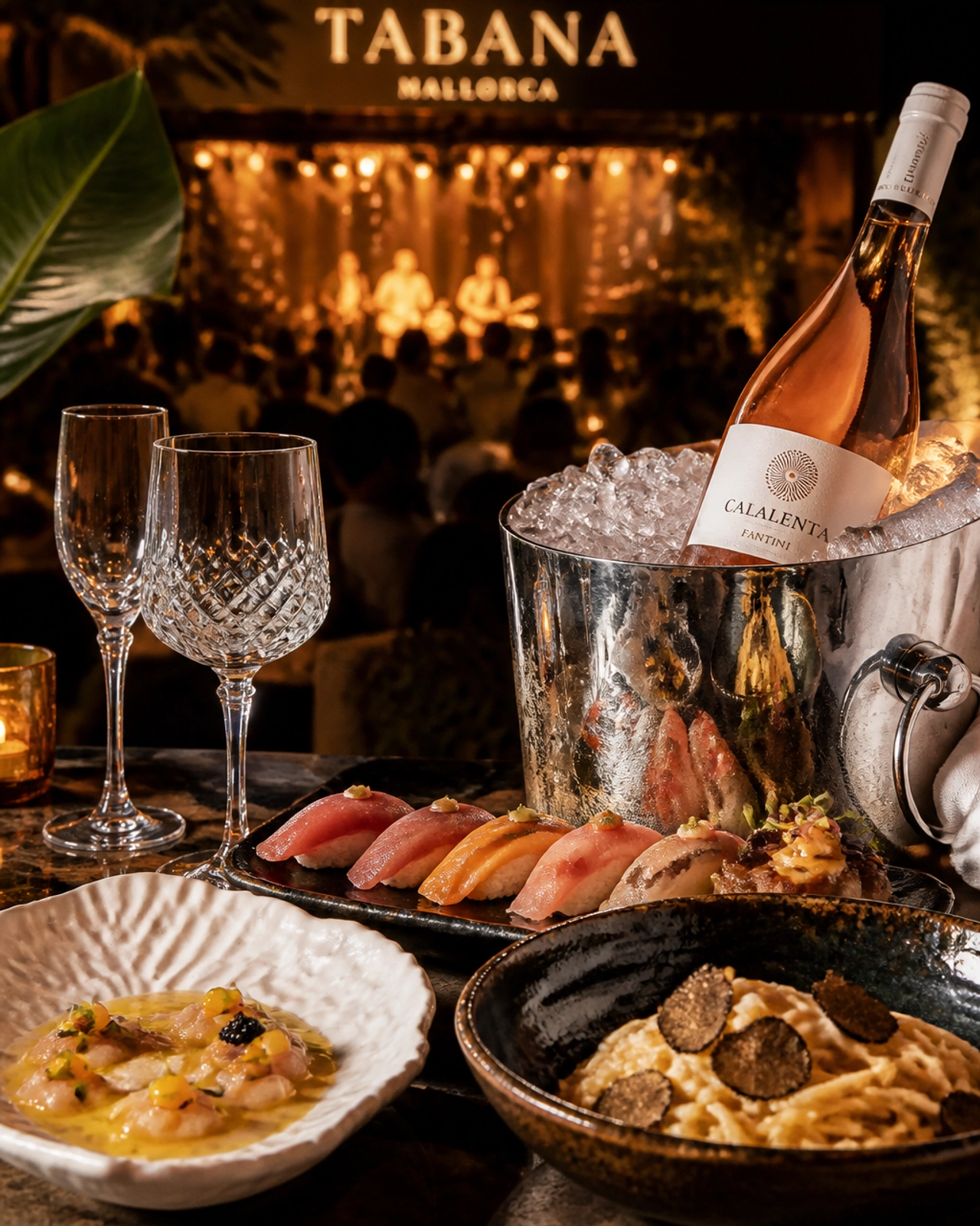 A close-up of a luxury VIP table at Tabana Mallorca featuring crystal glassware, premium Italian rosé, and Mediterranean-Japanese fusion cuisine.
