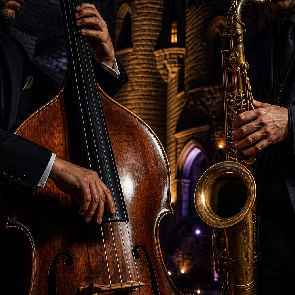 Close-up of a jazz double bass and a saxophone being played by professional musicians on a dimly lit stage.