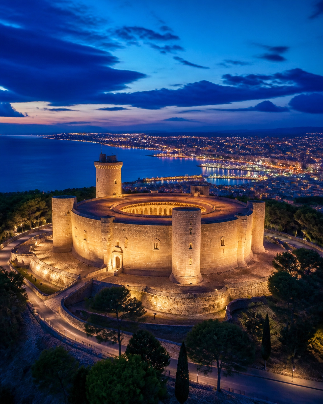 An exterior view of Castell de Bellver in Palma, Mallorca at twilight.