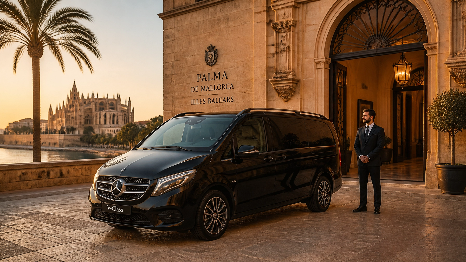 A luxury black chauffeur-driven Mercedes V-Class parked in front of a historic stone entrance in Palma de Mallorca.