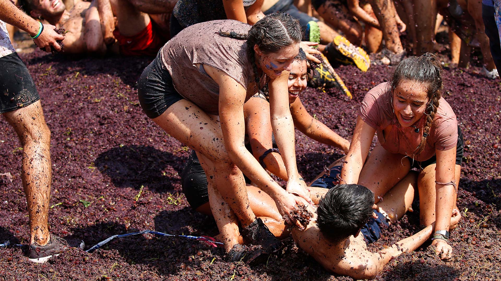 Traditional grape treading during Festa des Vermar