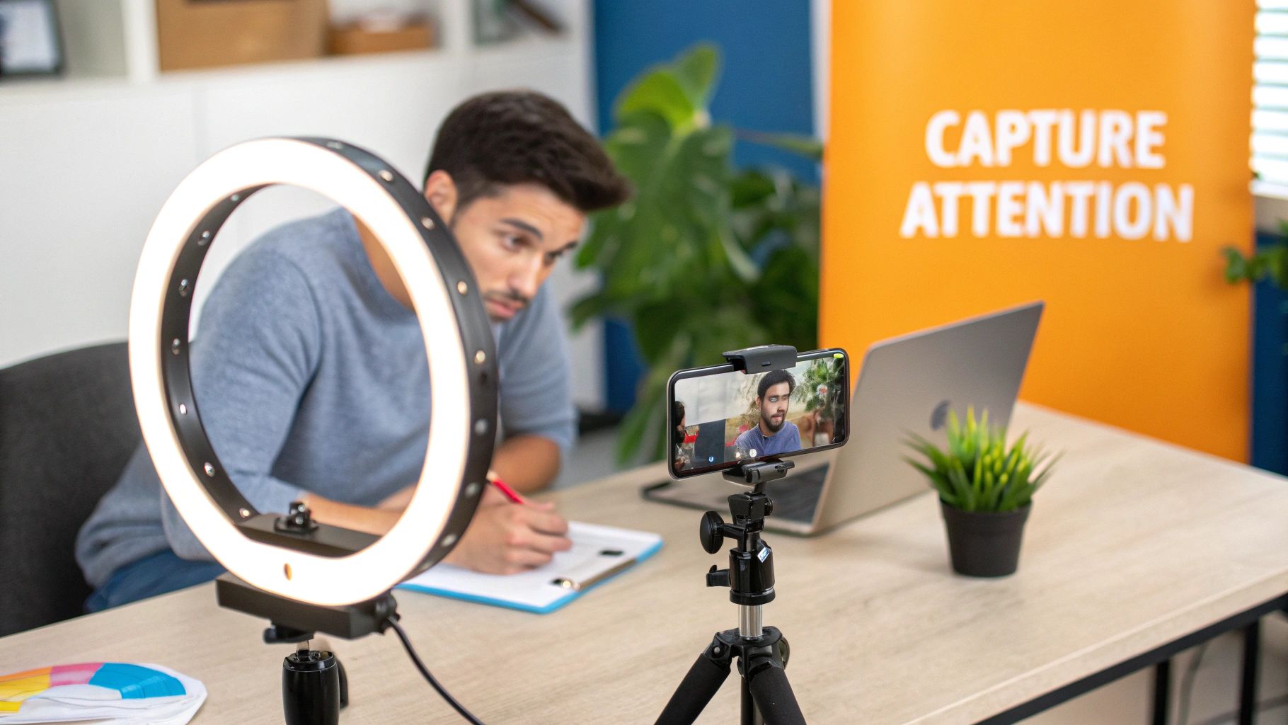A person editing a video on a laptop, showing a construction site on the screen, indicating the process of social video production.