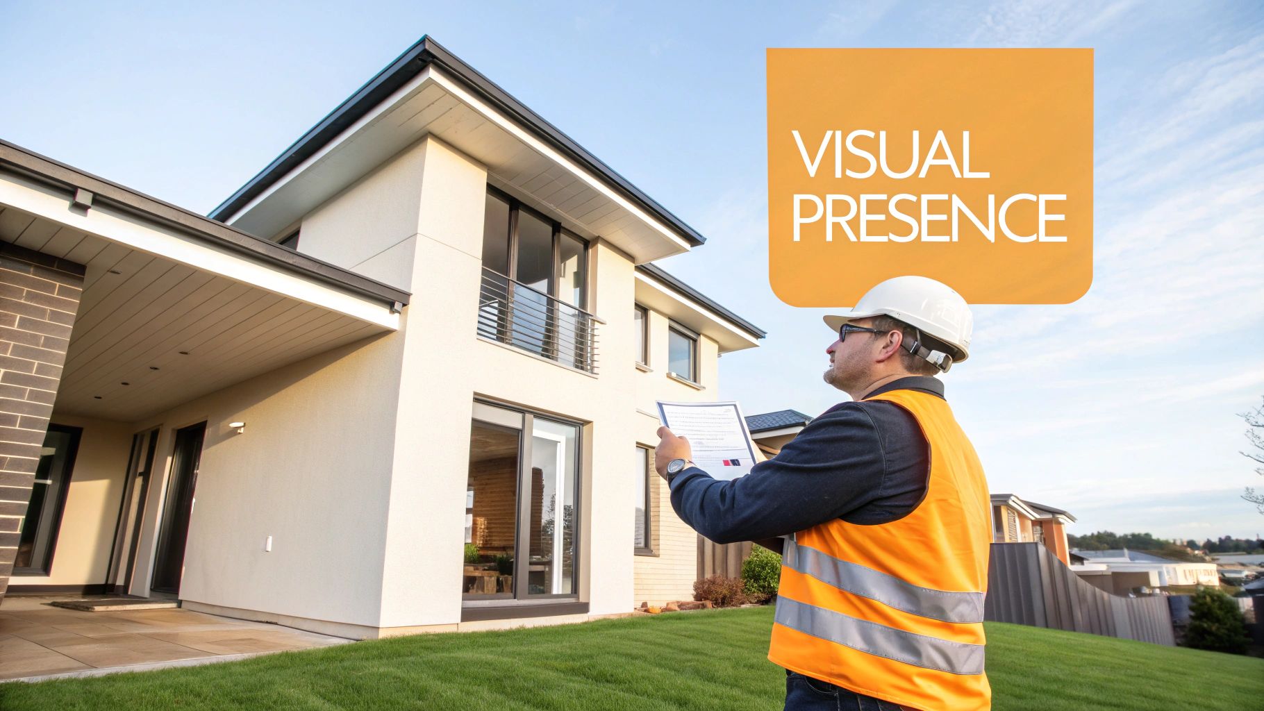 A construction worker in high-vis gear reviewing architectural plans on a building site.
