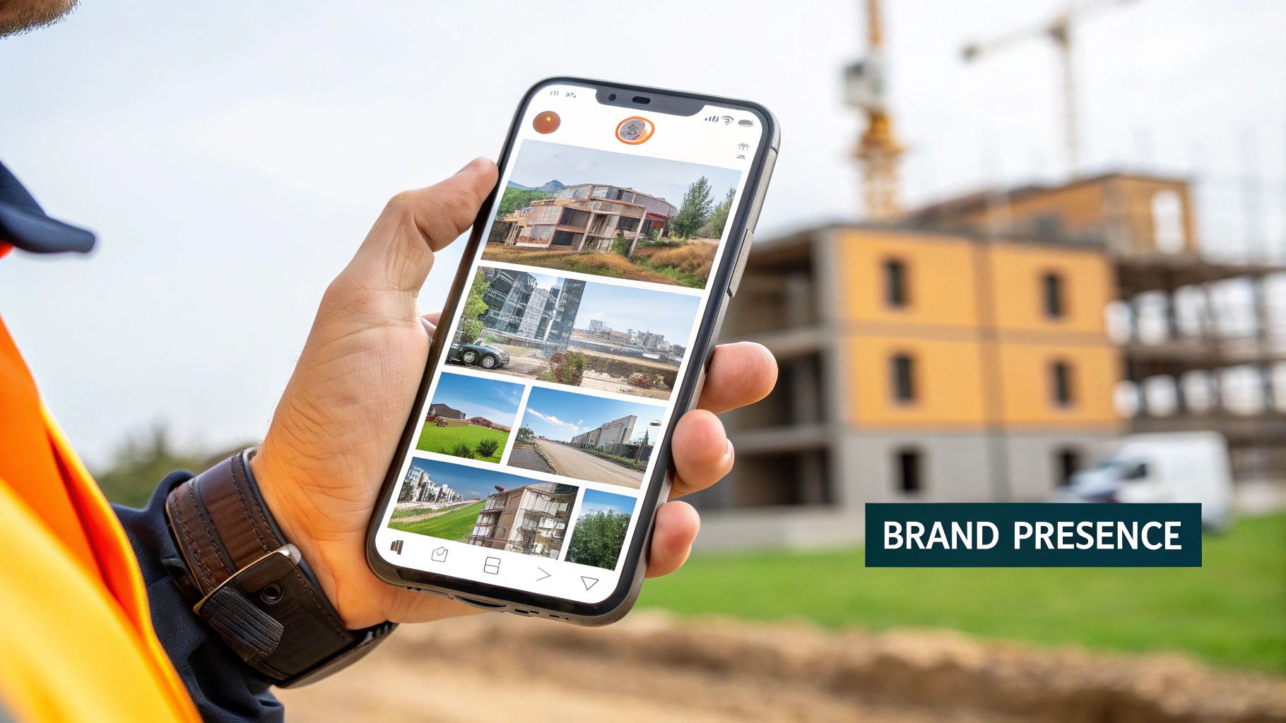 A builder showcasing a finished project on a social media feed on a smartphone