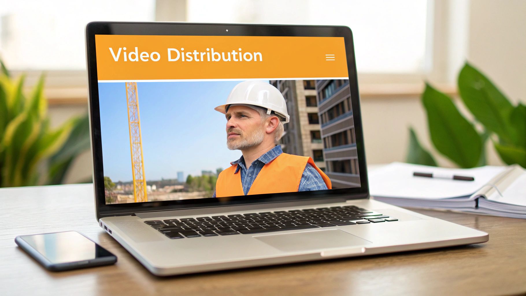 A marketing professional showcases a finished construction video on a tablet to a group of builders on a worksite.