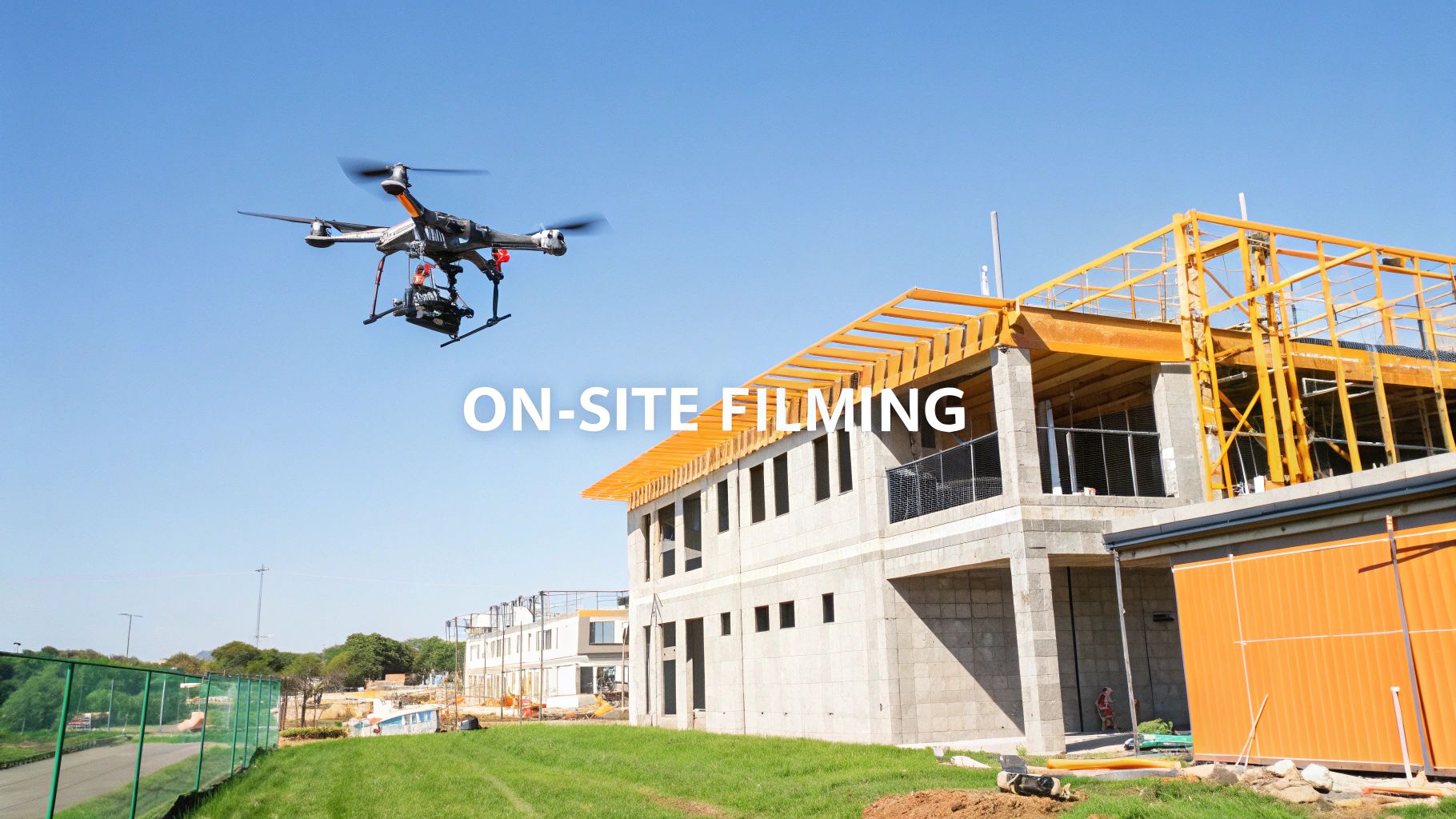 A videographer captures footage of a construction site, focusing on the details of the build while the crew works in the background.
