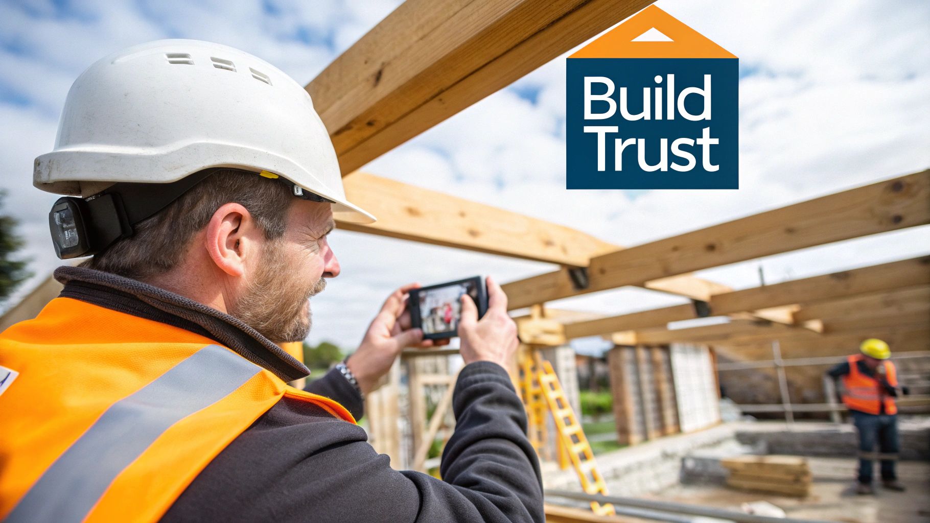 A construction worker using a power tool on a building site, illustrating the craftsmanship that social media video can showcase.