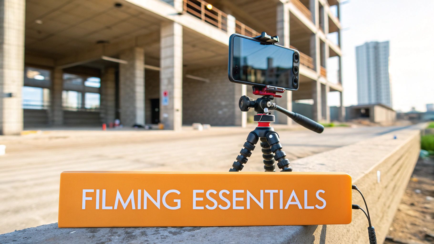 A close-up of a high-quality camera lens focused on a construction site, ready to capture video.