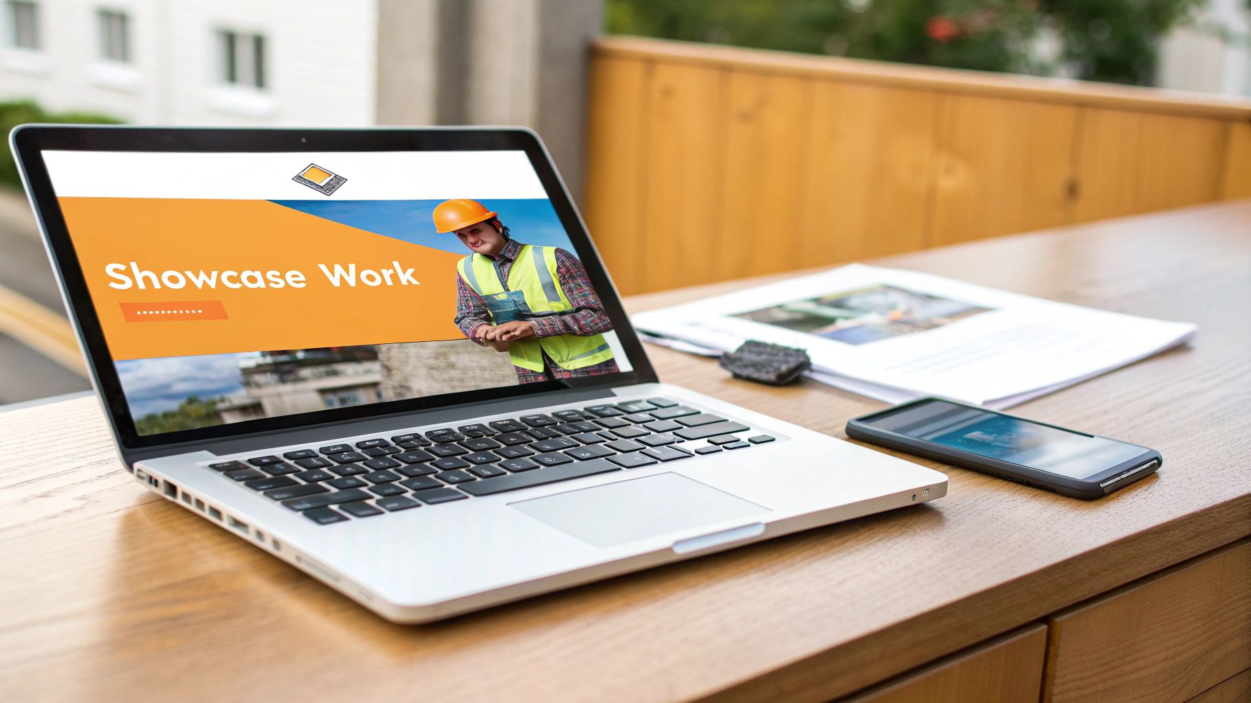 A builder reviews professional onsite media on a tablet at a construction site.