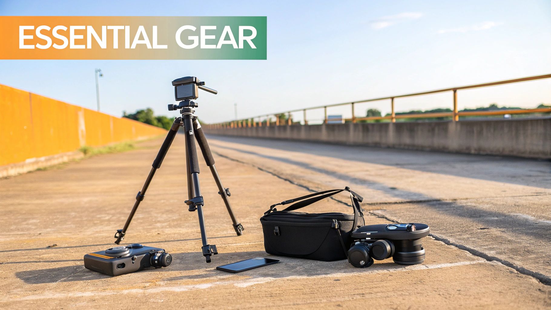 A construction photographer using a tripod to capture a project on-site